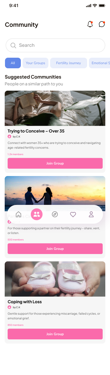 Fertility Minds community groups screen on a smartphone
