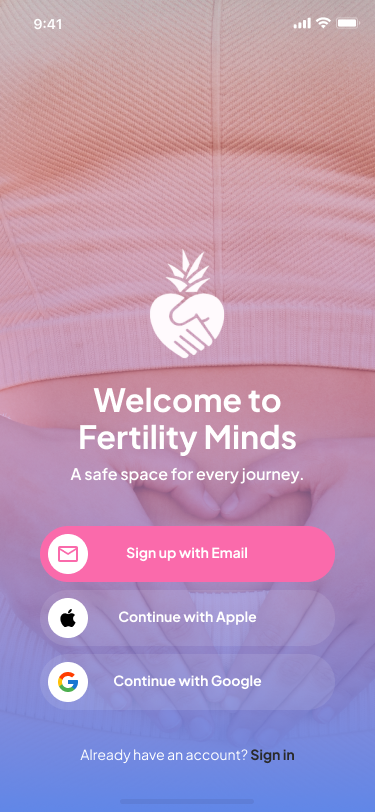 Fertility Minds welcome screen shown on a smartphone